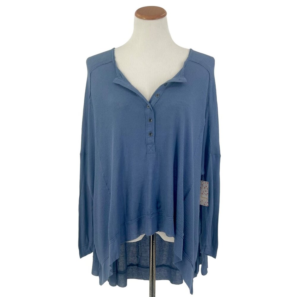 NWT Free People Blue Oversized Long Sleeve Waffle Knit Henley Top - Picture 4 of 14